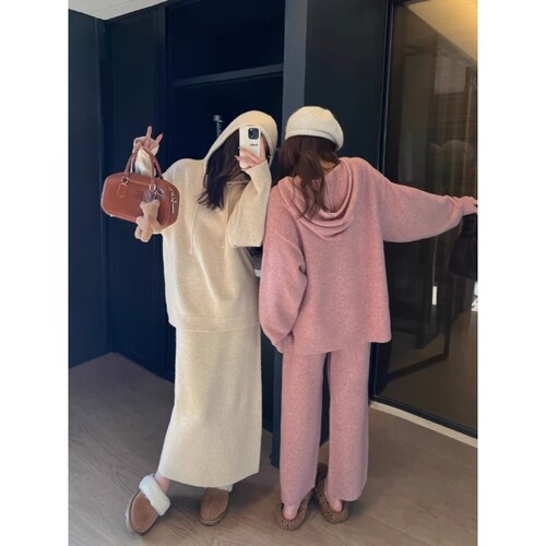 正品JK慵懒风羊毛针织套装裙子女秋冬宽松休闲连帽毛衣九分裤时尚