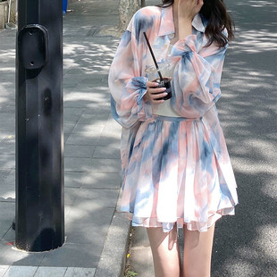 JK赫本风洋派套装女夏季大尺码显瘦遮肉雪纺防晒衬衫半身裙轻