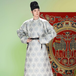 襦一坊丨水云游 唐制复原织锦拼色圆领袍半臂原创真丝汉服男女款