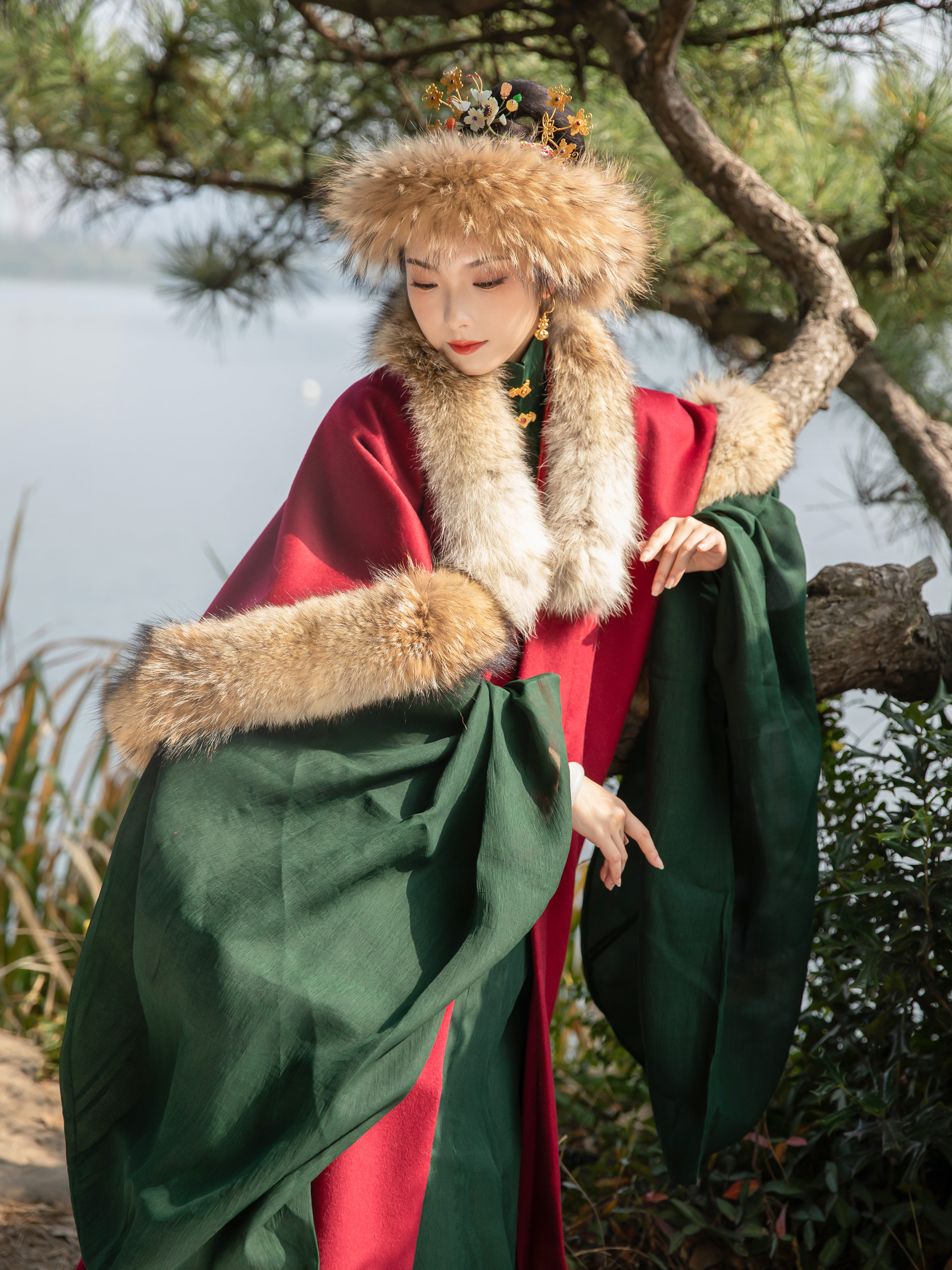 襦一坊丨千金裘 红 秋冬款明制红狼毛纯棉羊绒香云纱真丝裘衣汉服