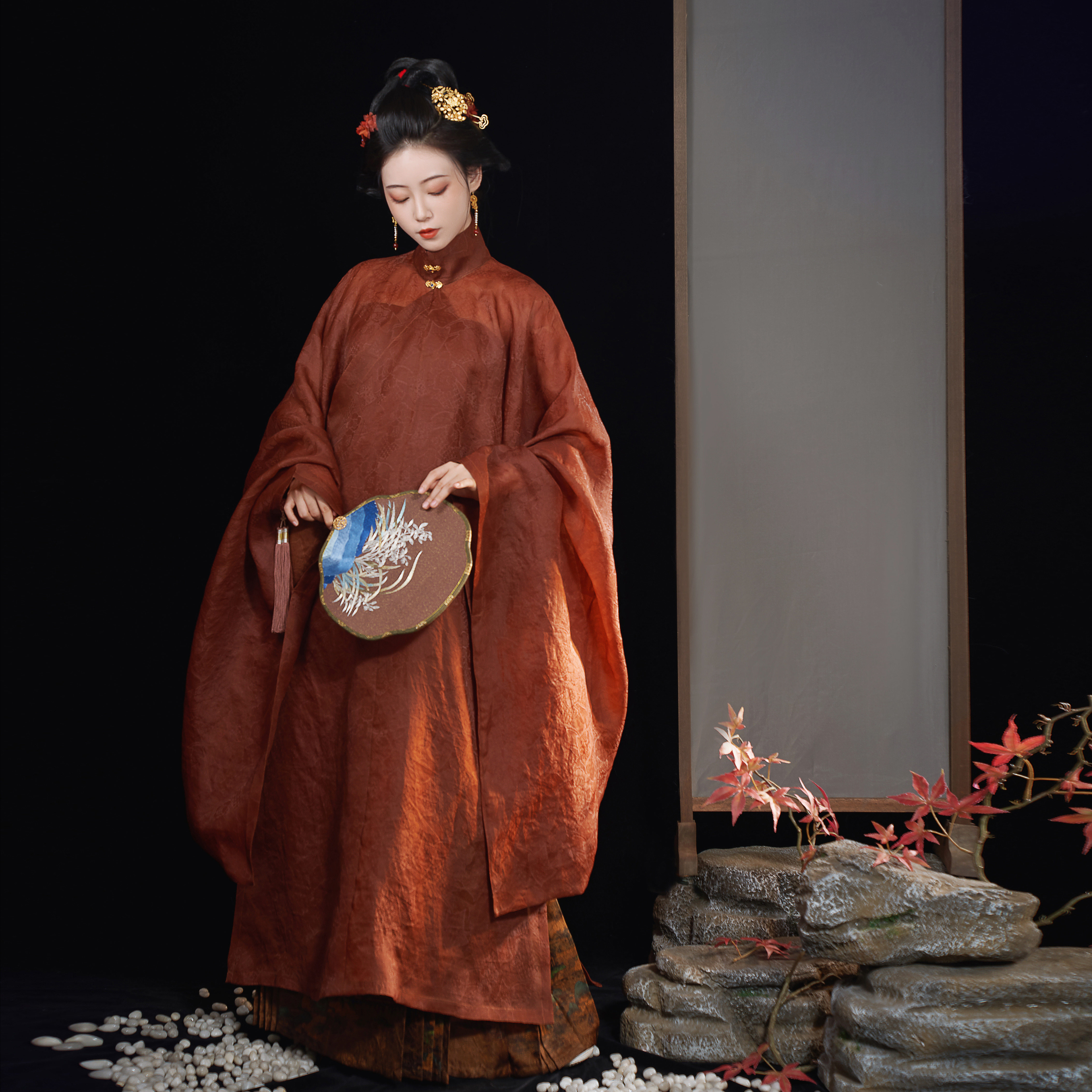 襦一坊丨玉楼春 明立领斜襟长衫主腰马面真丝红云纱复原汉服