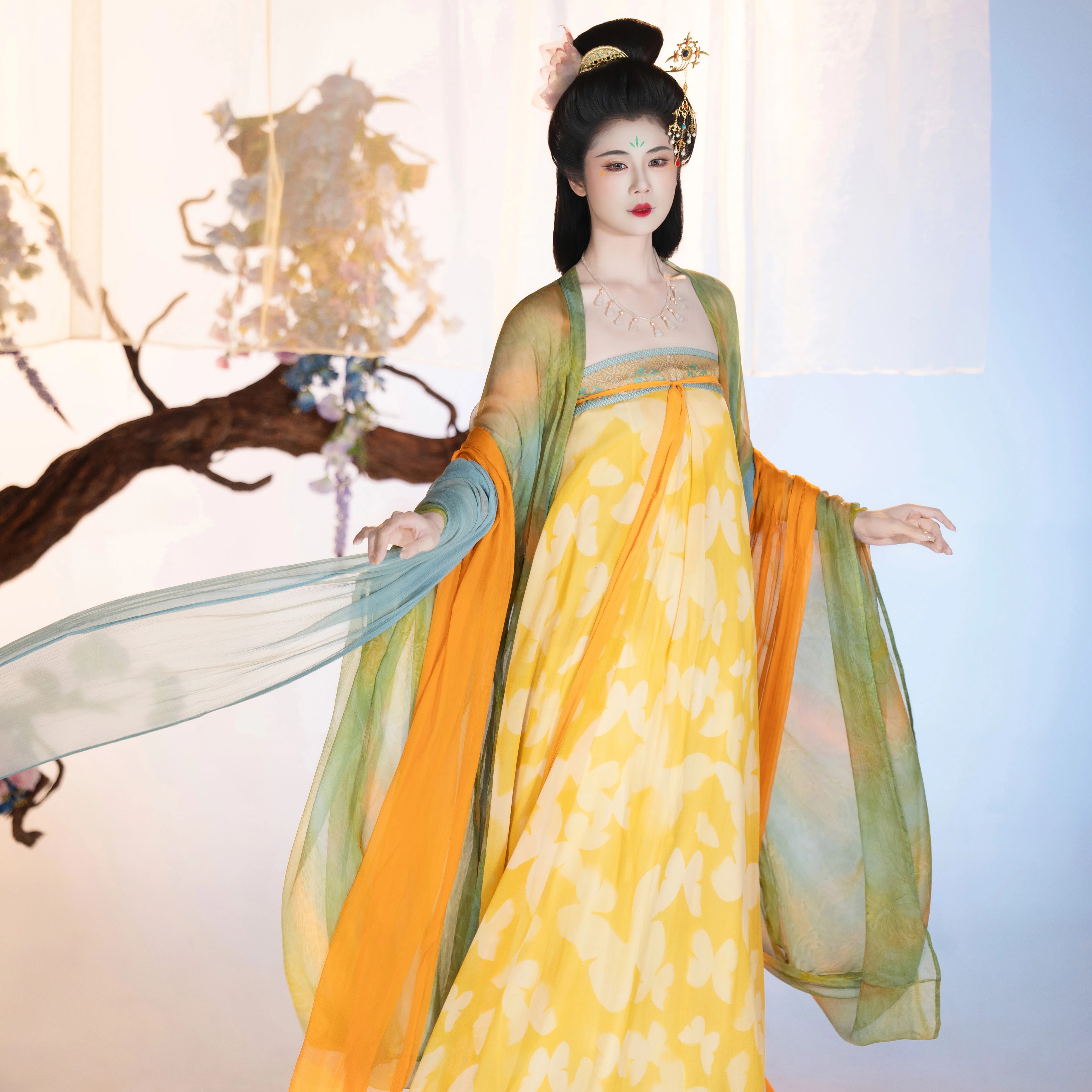 唐制真丝宋锦扎染对襟披帛汉服女