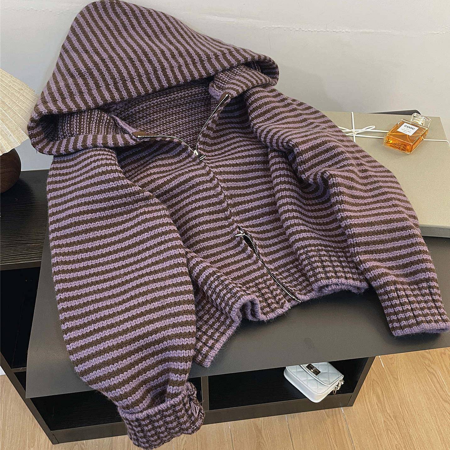 紫色条纹连帽毛衣外套女开衫秋冬小个子韩系软糯百搭针织上衣加厚