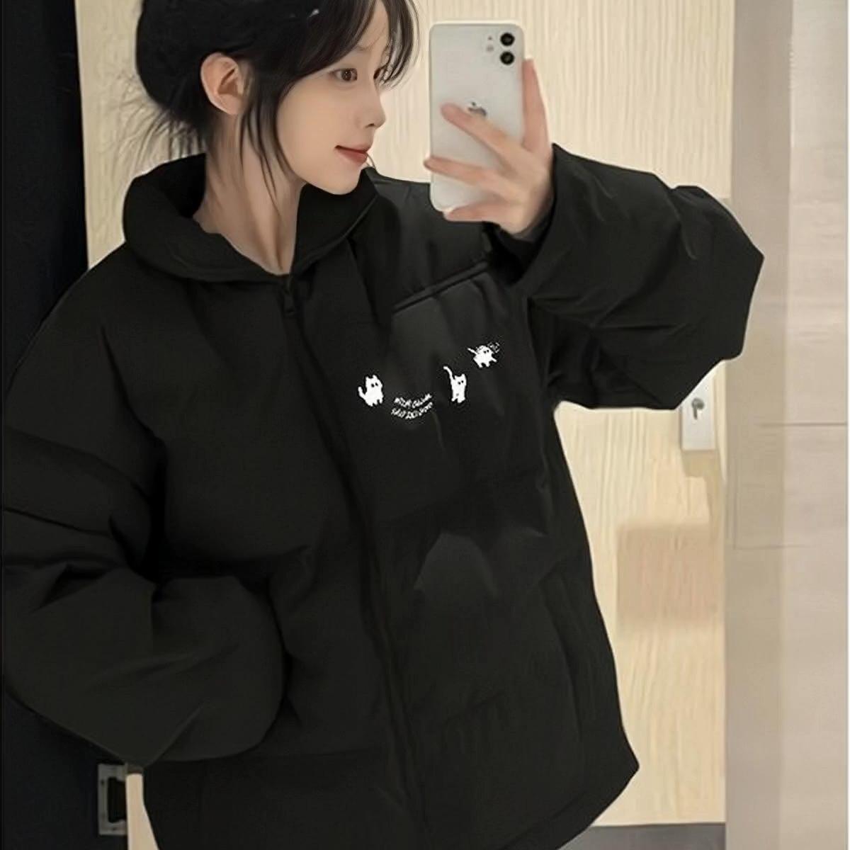 2024新款爆款黑色羽绒棉服冬季女大童初中高中学生宽松面包服外套