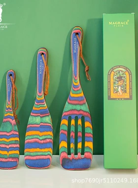 法国MAGRACE彩木锅铲三件套礼盒装蓝彩木制创意厨房用铲家居摆件