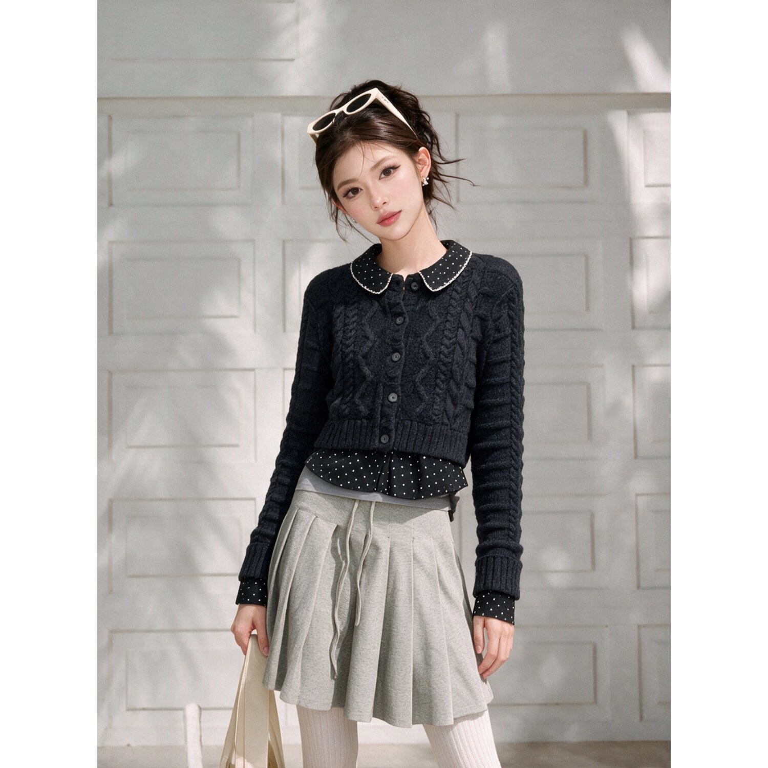 啦啦家 假两件复古针织外套女秋冬季麻花纹毛衣开衫修身甜酷上衣