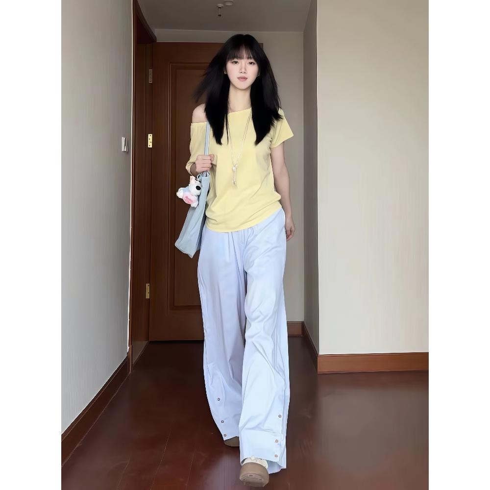 慵懒风露肩纯欲一字肩短袖T恤套装女夏季宽松百搭休闲垂感阔腿裤