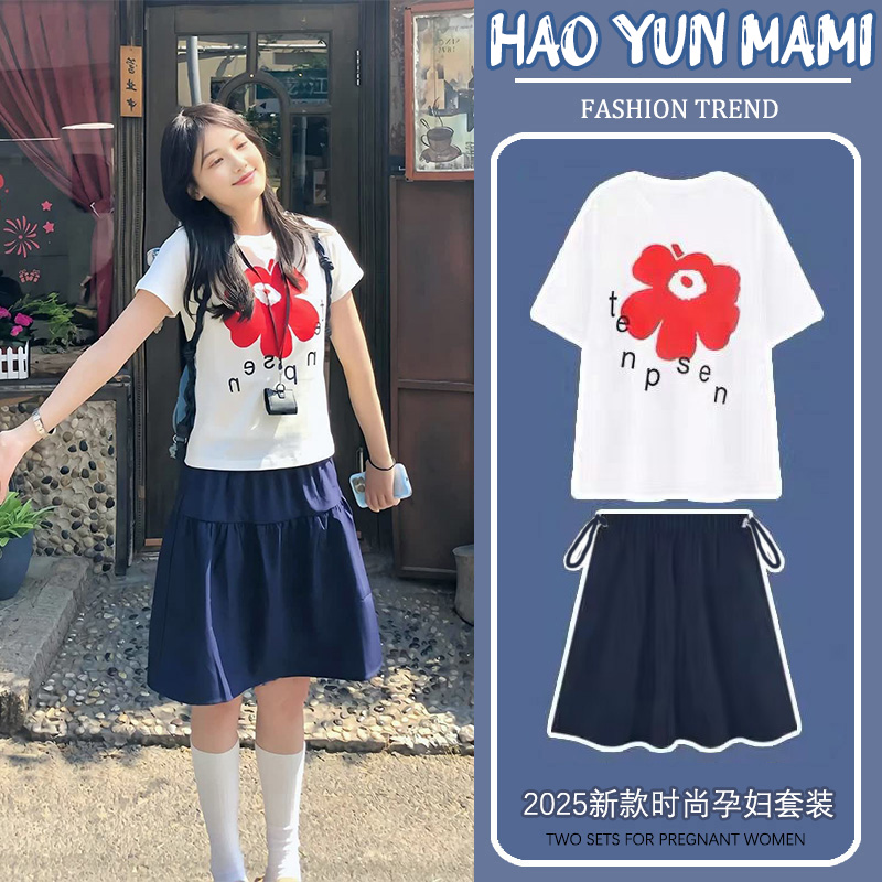 孕妇套装 2025新款夏季红花可爱白色日常休闲圆领通勤T恤套装