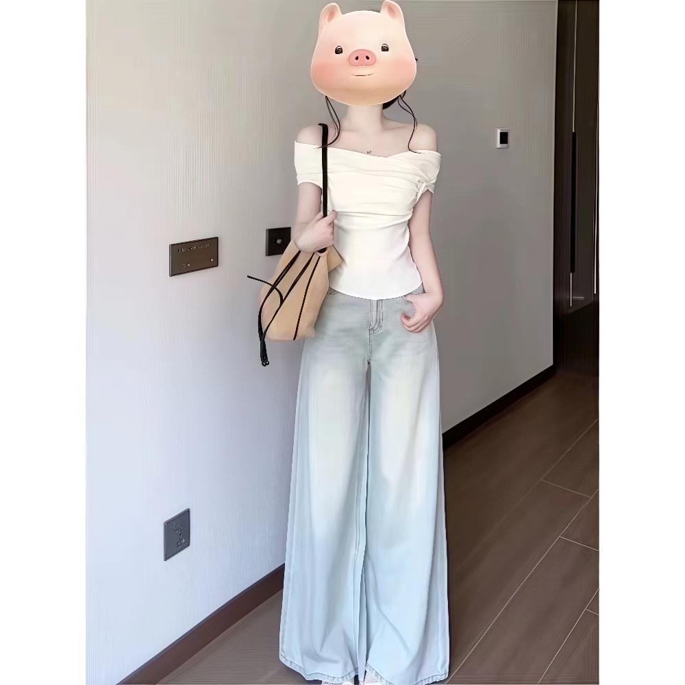夏季温柔系穿搭女2025新款减龄设计感一字肩上衣阔腿牛仔裤两件套