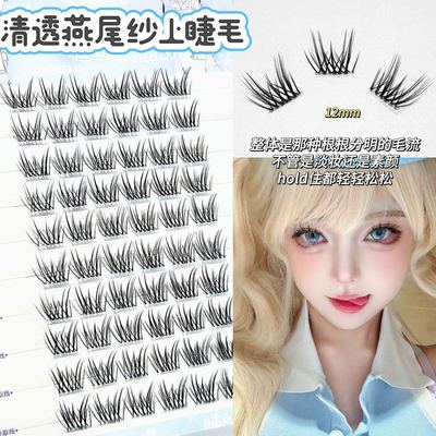 ~清透燕尾纱假睫毛女自然仿真单簇分段式眼睫毛浓密卷翘新