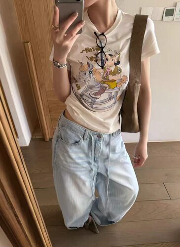 韩系ins简约圆领短袖小马印花T恤女2026夏季宽松百搭休闲上衣女