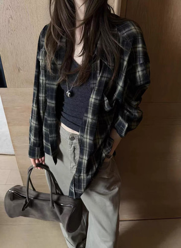 LACHER韩系美式复古休闲格纹衬衫女秋装显瘦透气宽松长袖上衣外套