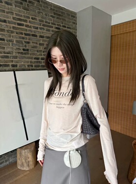 AII-in韩系莱赛尔正肩长袖T恤女2026新款时髦字母印花防晒薄上衣