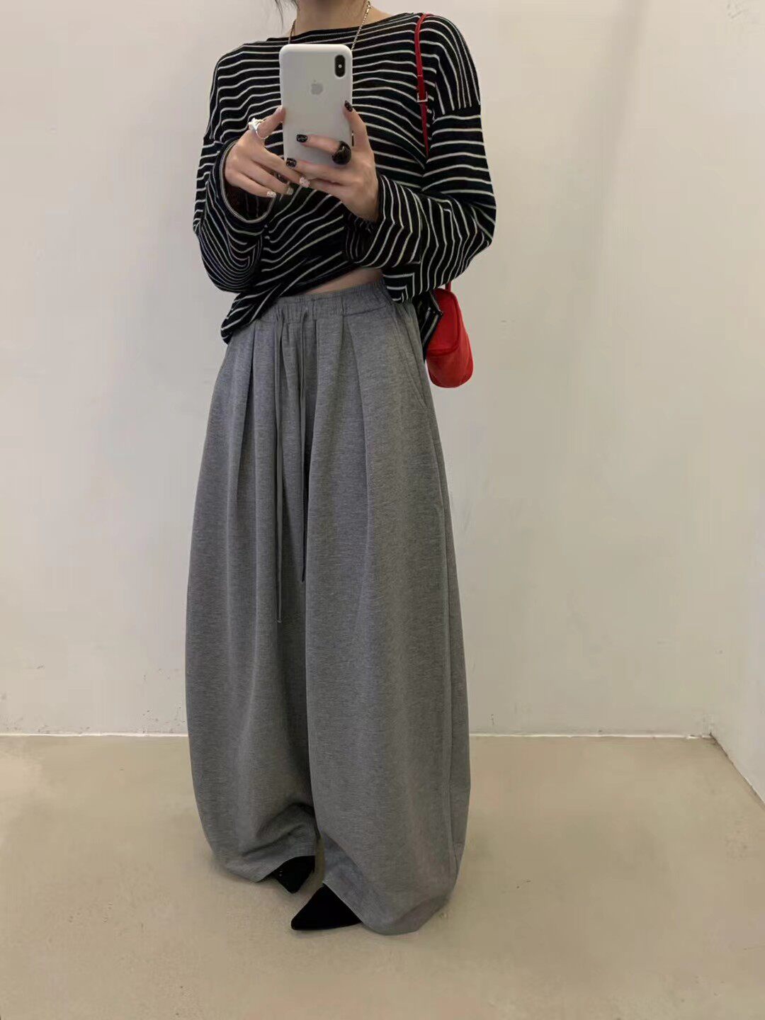ANRUILA韩系松弛感高腰抽绳软糯宽松休闲卫裤女新款阔腿弯刀裤