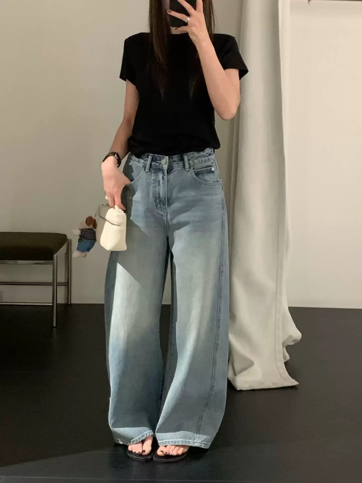 AP6262韩代高腰直筒牛仔裤女2026新款复古百搭显瘦窄版弯刀阔腿裤