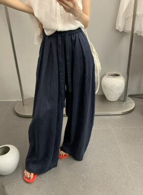 ANRUILA老钱风亚麻透气休闲直筒裤女简约百搭松紧腰抽绳宽松长裤