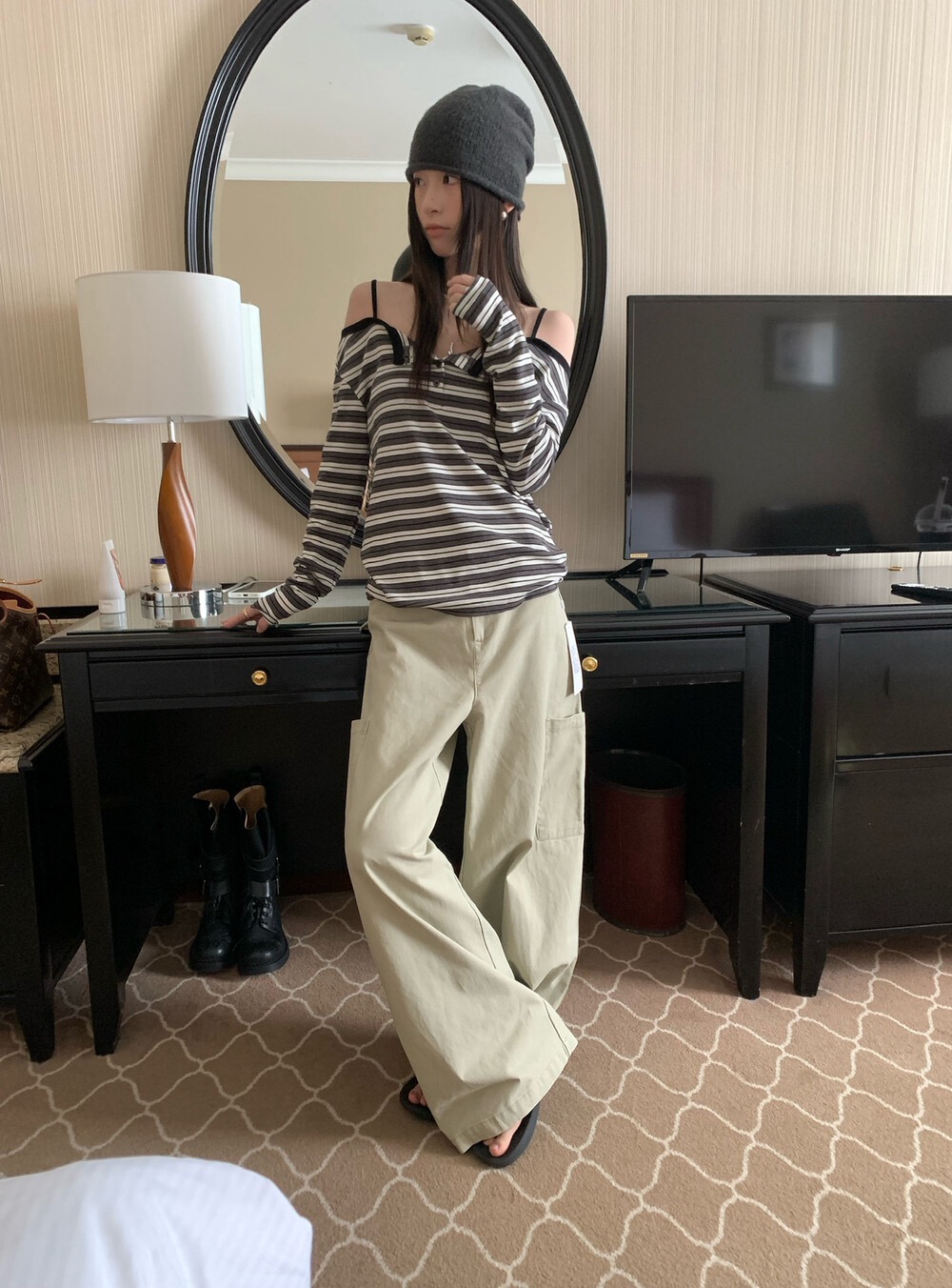 TABLE 韩系设计感时髦条纹露肩长袖T恤女宽松显瘦百搭上衣女秋装