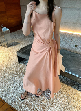 poisooo韩代温柔风侧纽扣绑带收腰设计感天丝麻吊带裙连衣裙女夏