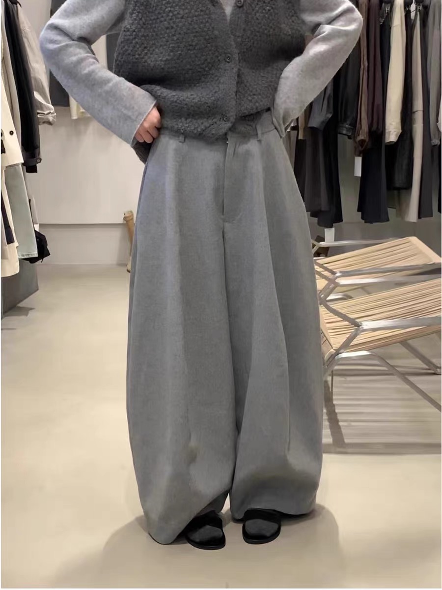 LOW FLAT韩系高级感加绒气球裤女冬装加厚羊毛质感阔腿西裤灯笼裤