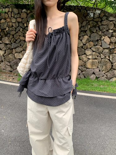 TABLE 韩代格纹吊带背心木耳边抽绳收腰双层下摆无袖上衣小衫女夏