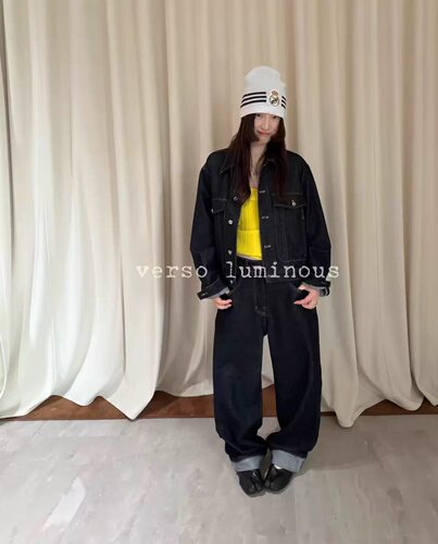 VERSO复古时髦水洗原单牛仔短外套女秋装宽松休闲高腰直筒裤套装
