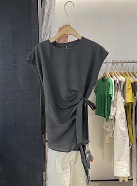 韩代时髦系带收腰短袖麻料衬衫女夏季2025气质不规则小众腰带上衣