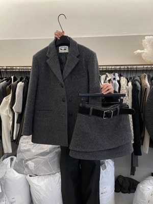 韩系高级感鹅绒内胆羊毛呢西装两件套女+高腰A字短裙套装女冬装