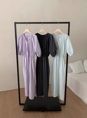 韩系收腰压褶中长款连衣裙女2024夏季新款简约气质时尚泡泡袖长裙