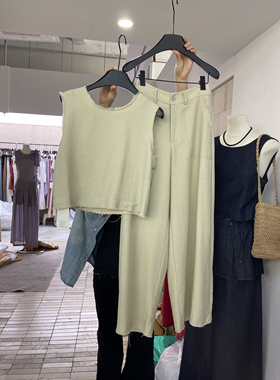 韩代ins复古小香风毛边无袖上衣+阔腿裤棉麻套装两件套2025夏季