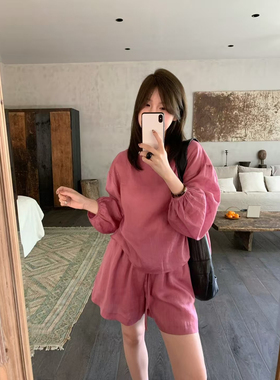 韩系时髦亮色亚麻两件套女2025夏季薄款防晒圆领衬衫+短裤套装女