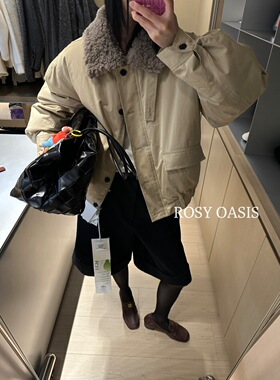 PLANTALE韩版拼接羊毛领派克保暖90鹅绒外套女2025冬装短款羽绒服