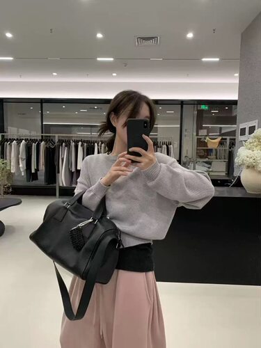 LOW FLAT韩代极简圆领亚麻针织衫女宽松休闲显瘦百搭短款长袖上衣