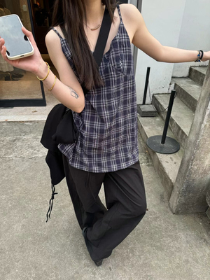 【格林尼治】韩系ins时髦蓝格纹V领吊带背心女2025夏季无袖上衣