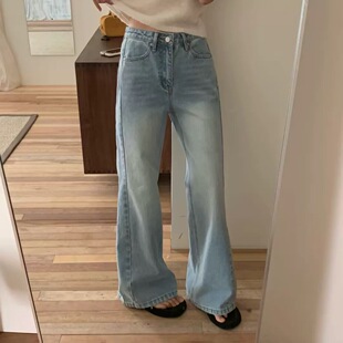 高腰显瘦直筒阔腿拖地长裤 新款 女2026春装 韩代时髦浅蓝微喇牛仔裤
