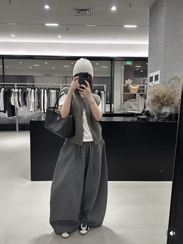LOW FLAT韩系松弛感高腰绑带羊毛弯刀裤女2026新款显瘦宽松休闲裤