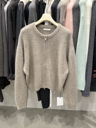 LOW FLAT韩系简约圆领拉链针织开衫女秋冬慵懒风瘦百搭毛衣外套