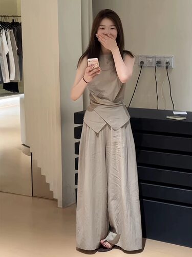ENJOYABLE法式气质老钱风套装女夏收腰无袖背心高腰阔腿裤两件套