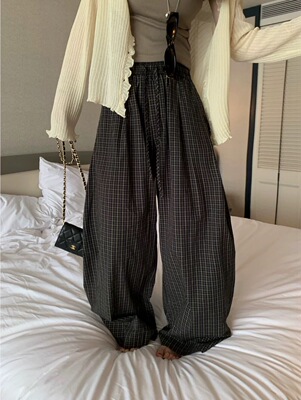 韩系复古格子抽绳松紧腰休闲裤女2026夏装宽松休闲弯刀阔腿裤女