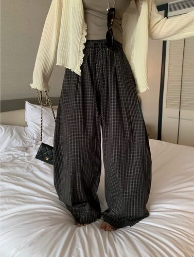 韩系复古格子抽绳松紧腰休闲裤女2026夏装宽松休闲弯刀阔腿裤女