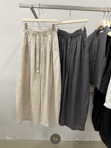 LOW FLAT韩代抽绳压褶松紧腰100亚麻阔腿休闲裤女老钱风宽松长裤