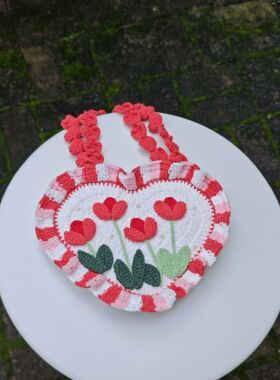 成品孤品仅此一件红色心形郁金香手工编织包包手织自制礼物送女友