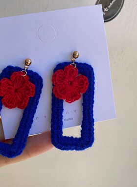 原创手工编织红蓝配色精致小花花个性复古少女耳环个性不撞款显白