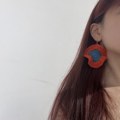 成品纯手工毛线编织橘色夸张耳勾少女可爱大花花简约百搭显白耳环