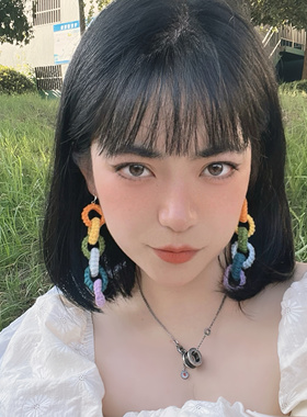 彩虹色耳环夸张长条无耳洞纯手工