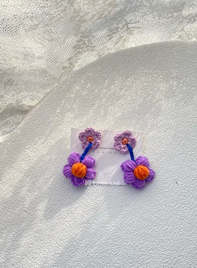 阿七manual原创纯手工钩织温柔紫色显白无耳洞耳夹可爱小花耳钉