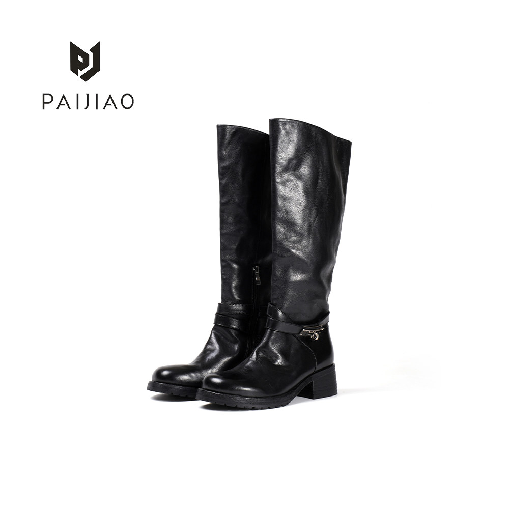 复古做旧水洗马皮侧拉链锁扣不过膝圆头高靴时装靴骑士靴 ZH761-1