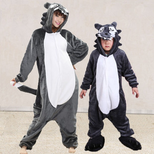 秋冬儿童大灰狼卡通动物连体睡衣情侣男女成人松鼠花灵鼠表演服