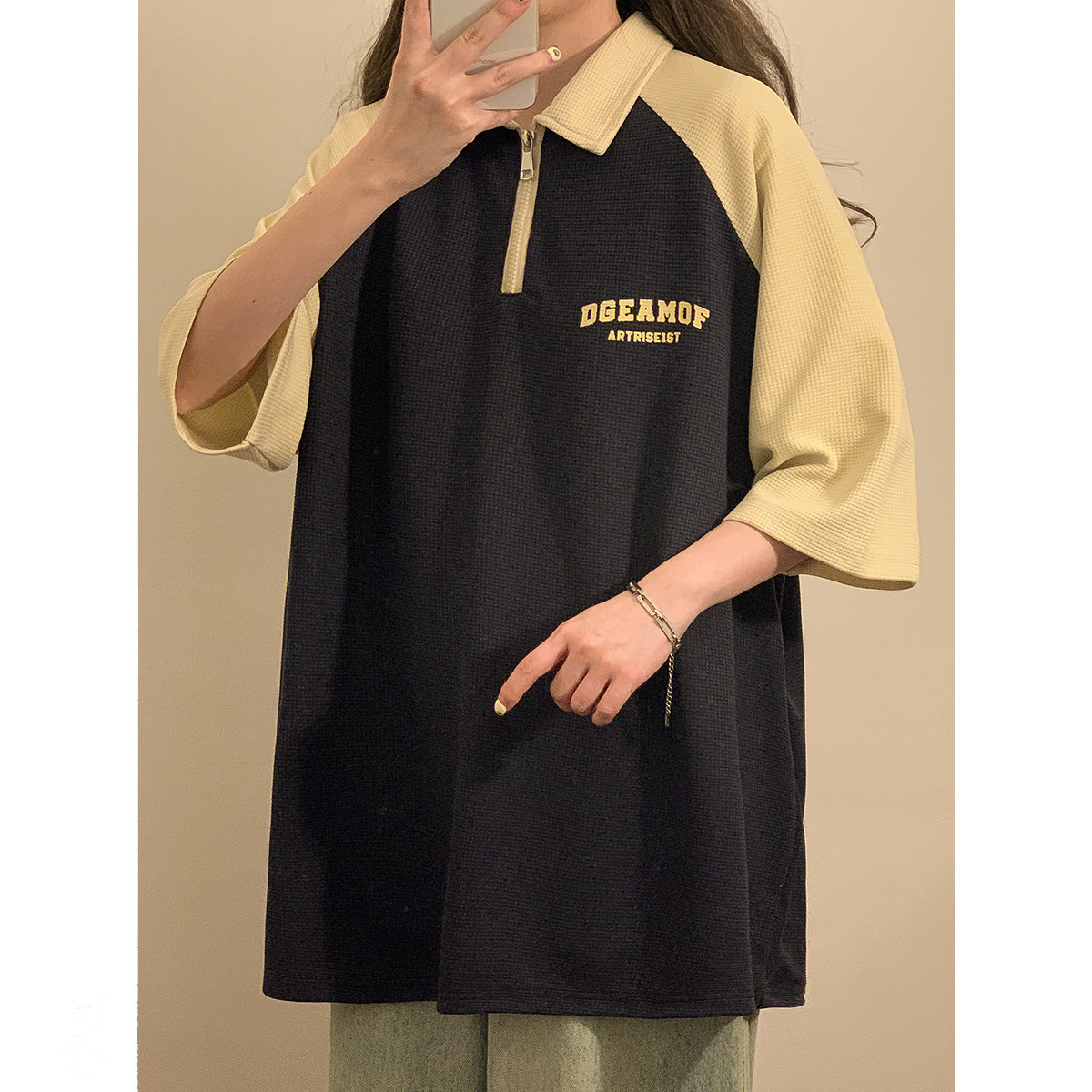 直播款夏季新款美式polo短袖学院风宽松插肩袖撞色T恤女7827-P38,女装衬衫,电商C213(原B265)