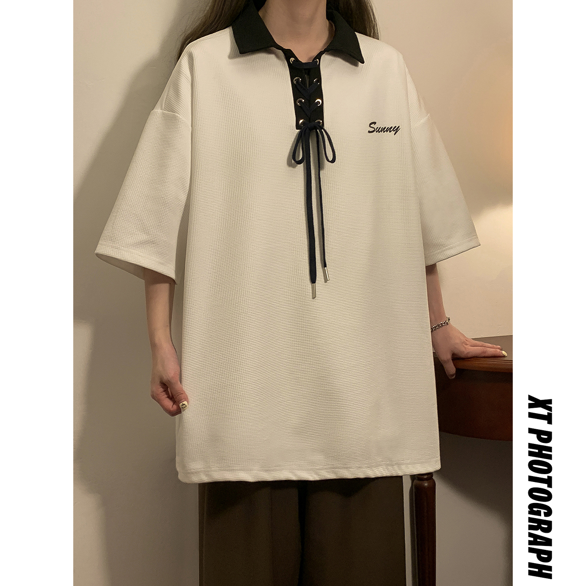 运动服女夏季新款宽松设计感短袖短裤Polo衫港味chic套头上衣，女装衬衫，电商C213(原B265)