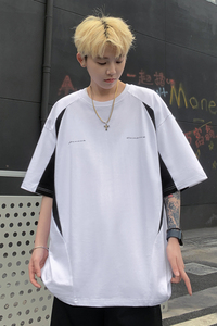 大差价！夏季美式潮牌撞色拼接机车短袖男宽松情侣T恤男 7818-P38图片